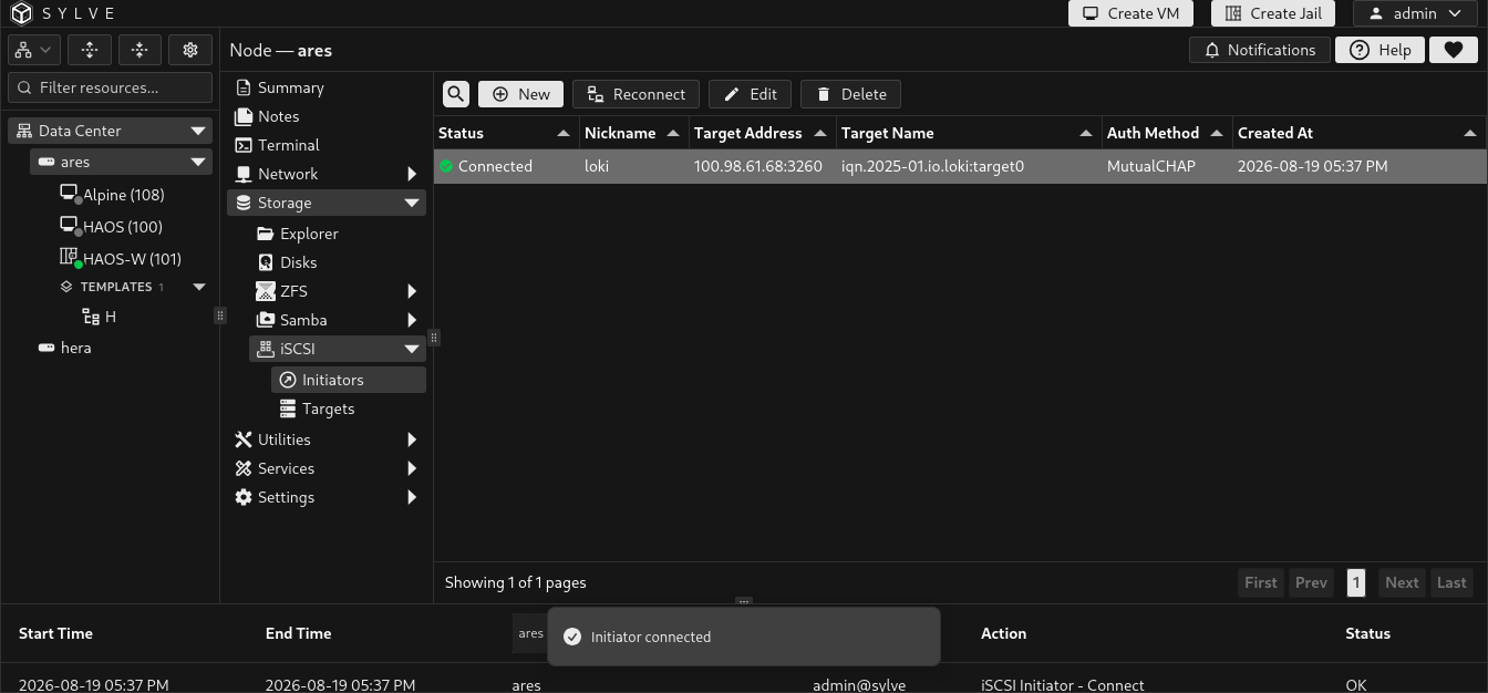 iSCSI Initiators page with a connected initiator selected and Reconnect, Edit, and Delete actions available